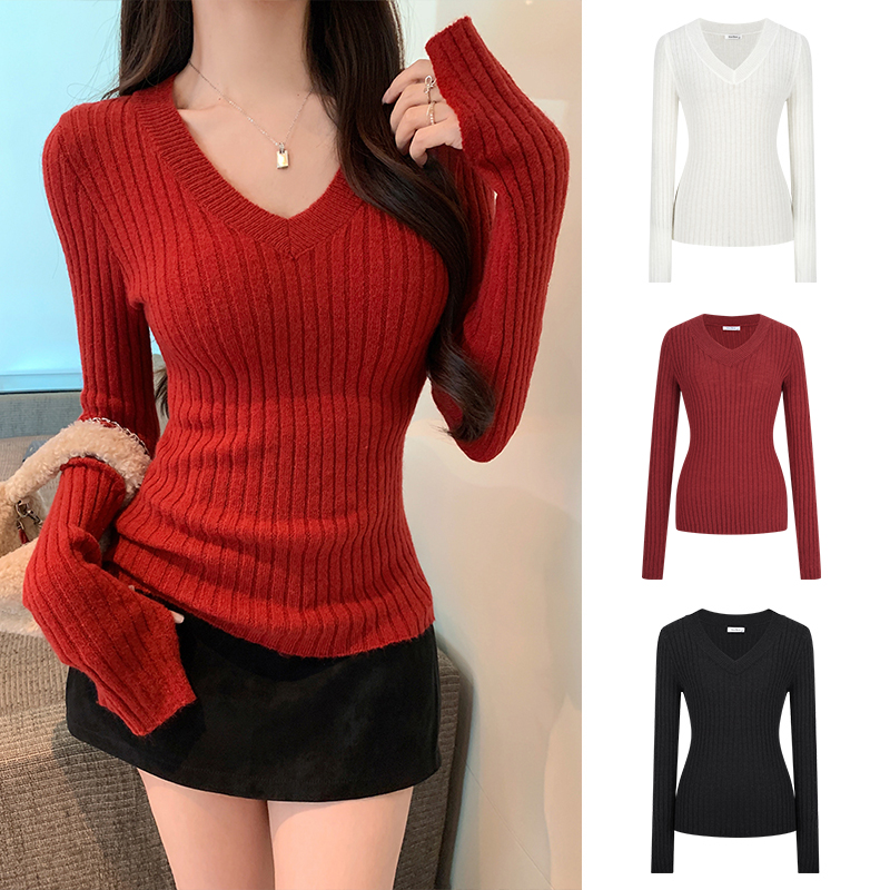 Moses Queen/魔西女王灰色v领坑条针织衫加绒保暖收腰显瘦打底衫