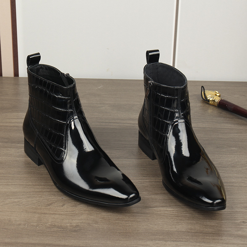 秋冬英伦风尖头切尔西靴真皮亮面时装靴商务休闲百搭加绒保暖男靴