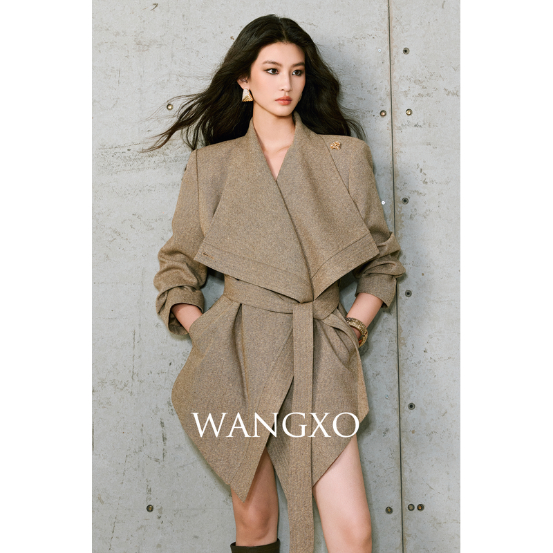 WANGXO 亮丝羊毛慵懒大翻领系带外套2531083W