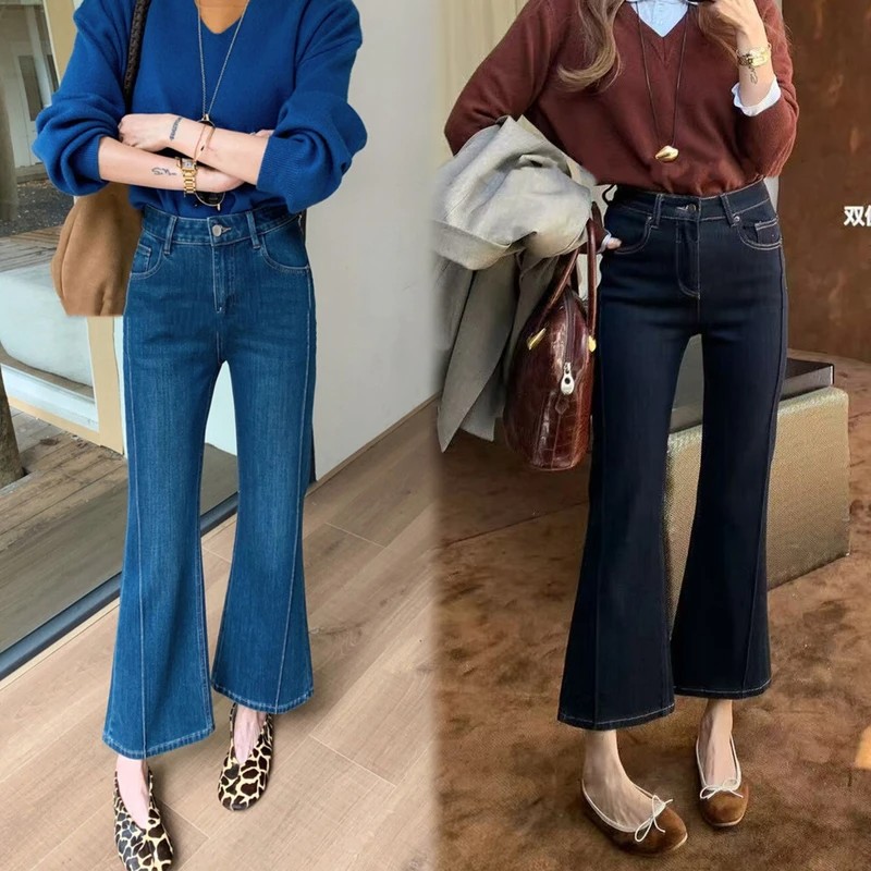 双侧鱼骨边收胯显腿直四面弹小个子高腰牛仔裤女秋季弹力喇叭裤