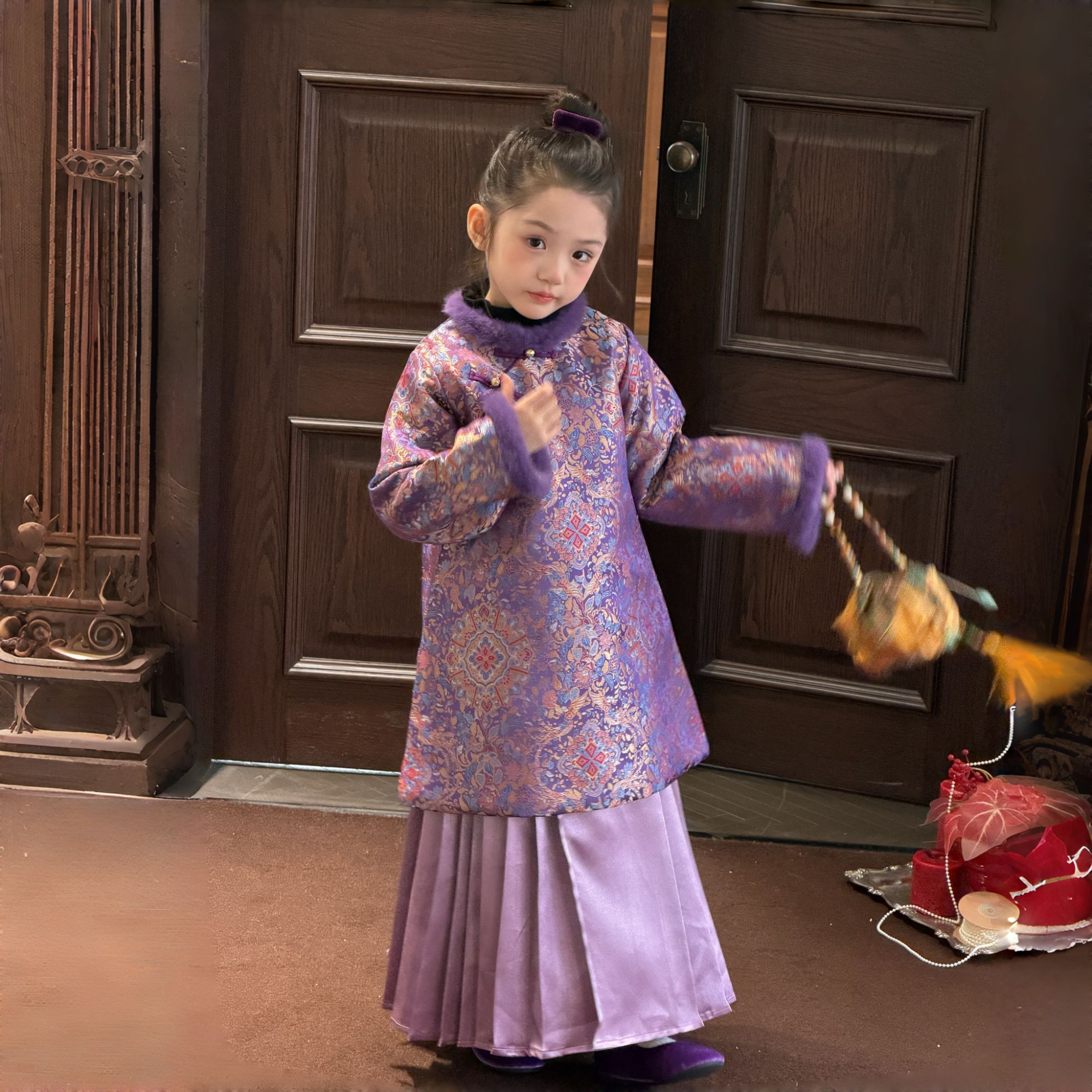 「紫气东来」女童马面裙套装冬季新款汉服拜年服棉衣加厚保暖中国风