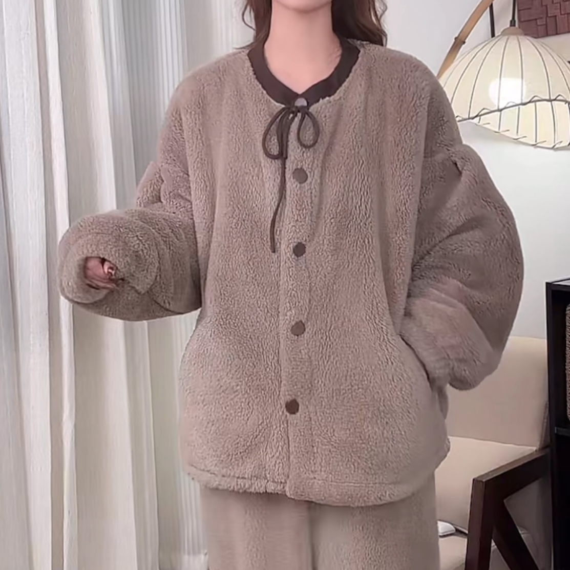 【超厚专柜正版】圆领睡衣女士秋冬天加绒加厚保暖家居服可外穿套装