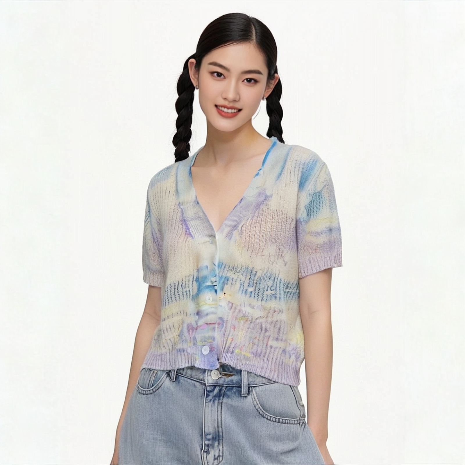 夏季薄款女装短袖夏季拼色毛针织衫镂空提花短款辣妹款