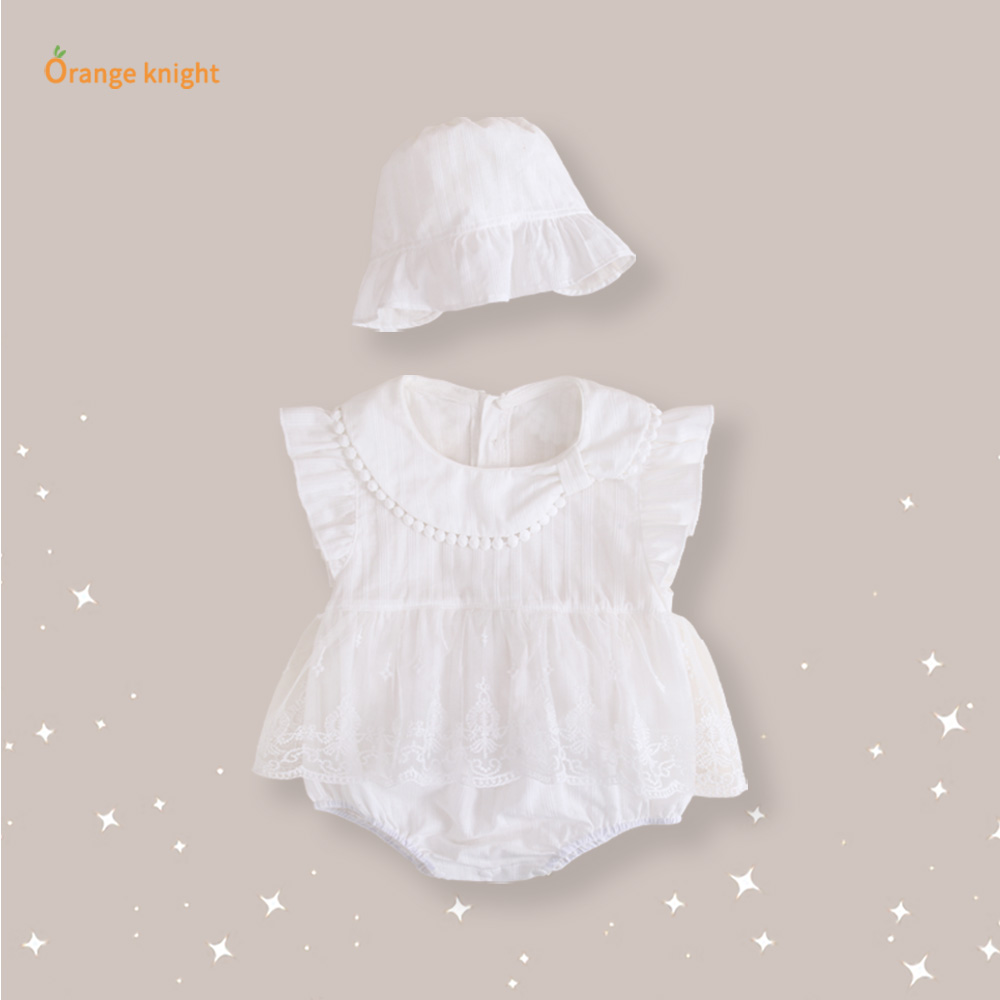 周岁珍珠白蕾丝花边裙摆无袖娃娃领连体衣夏款婴儿软萌透气外出服