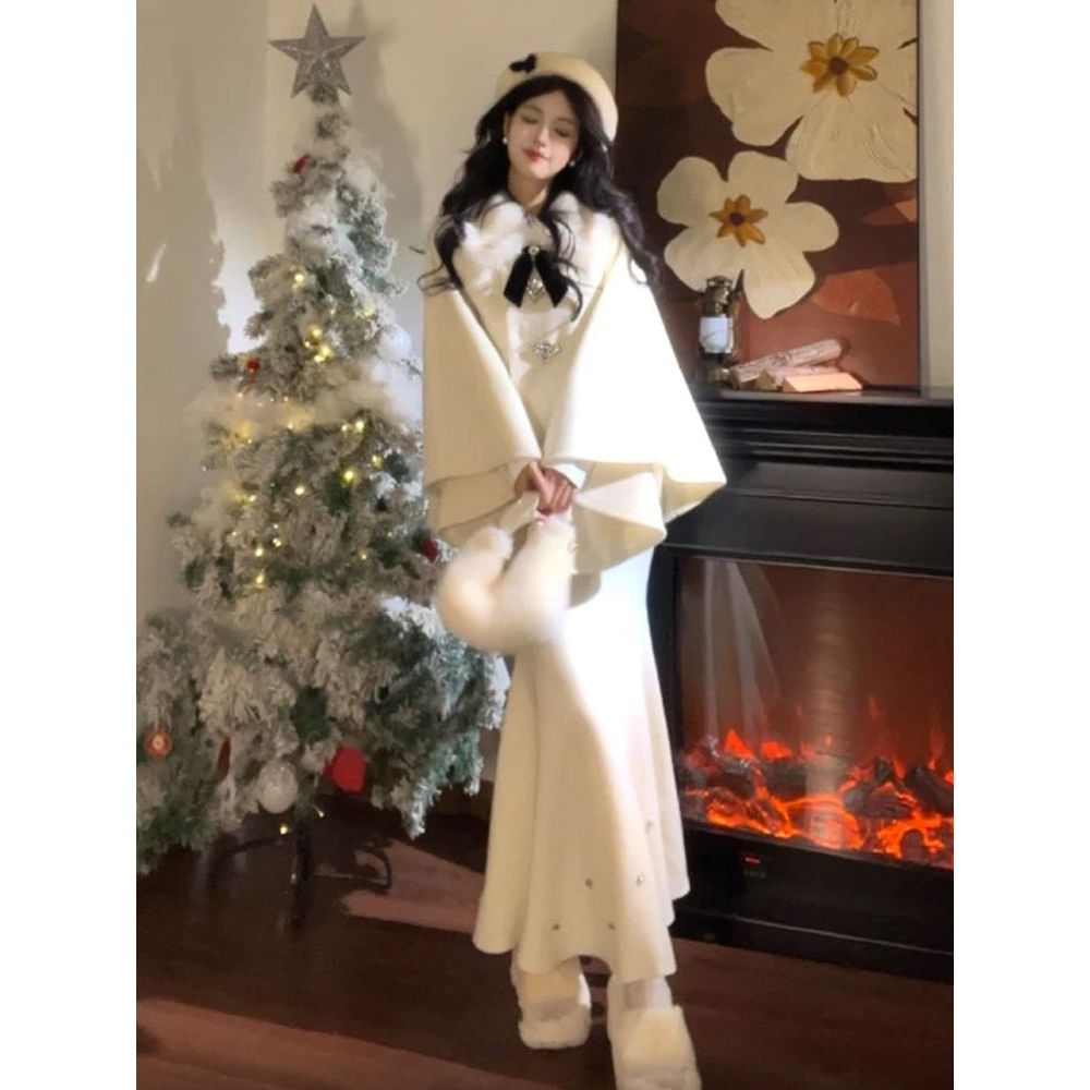 留洋大小姐归来 秋冬法式名媛千金赫本风斗篷外套+半裙毛呢套装