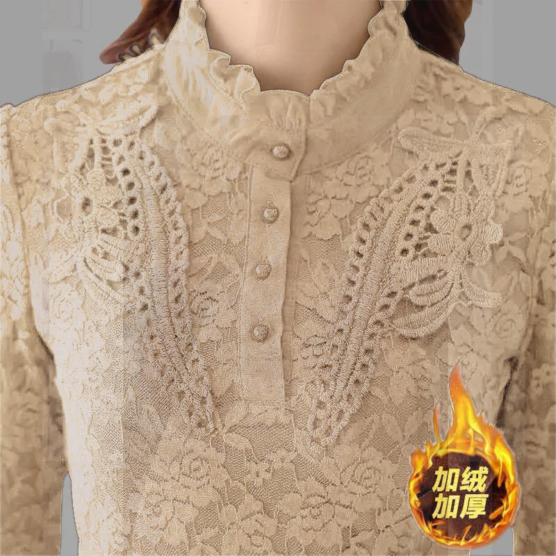 加厚秋冬新款蕾丝衫修身显瘦上衣加大码女装保暖加绒打底衫女