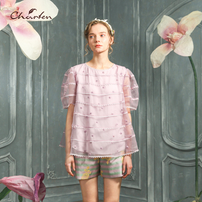 【媛媛专享】朝峰新绣花宽松蕾丝衬衣CFC2F318-327T