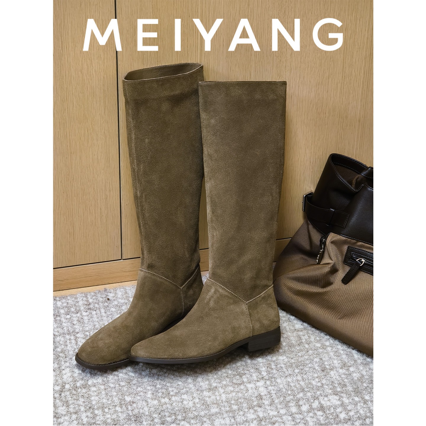 美洋MEIYANG 瘦瘦女高靴 复古短绒雾面方圆头粗跟套筒长靴骑士靴