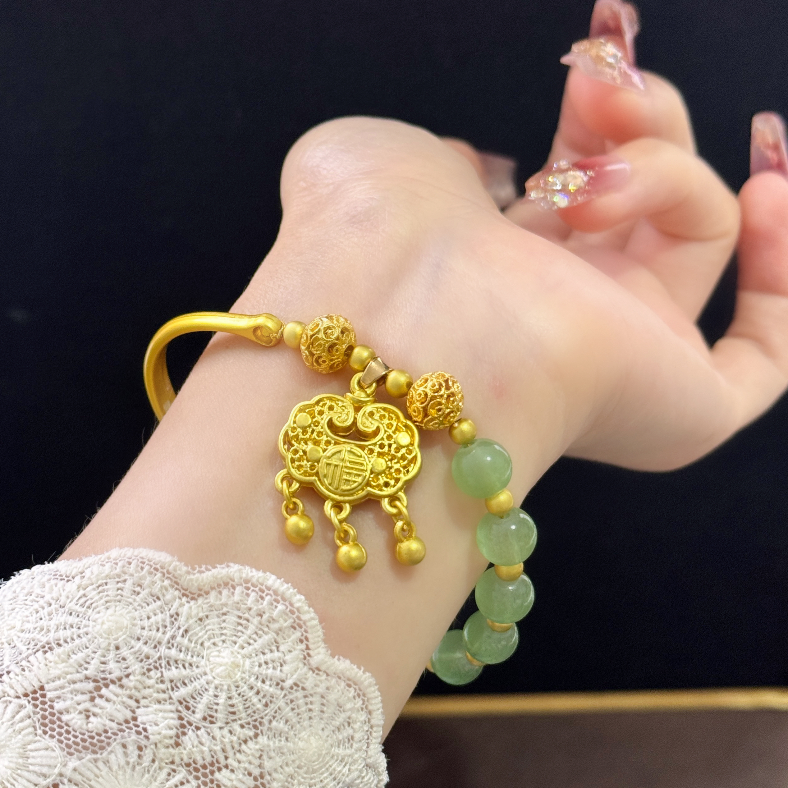 铜合金树脂手镯 6258 如意锁半镯古风手链 内径约7x4cm