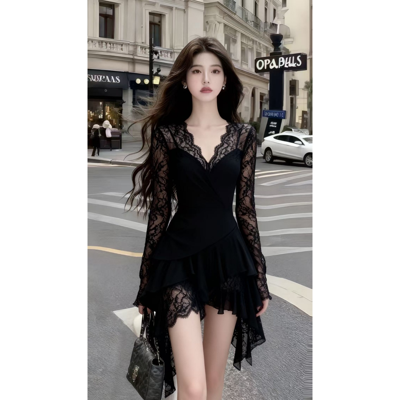 秋冬时尚高级感黑色V领长袖修身高腰蕾丝A字裙气质显瘦百搭连衣裙