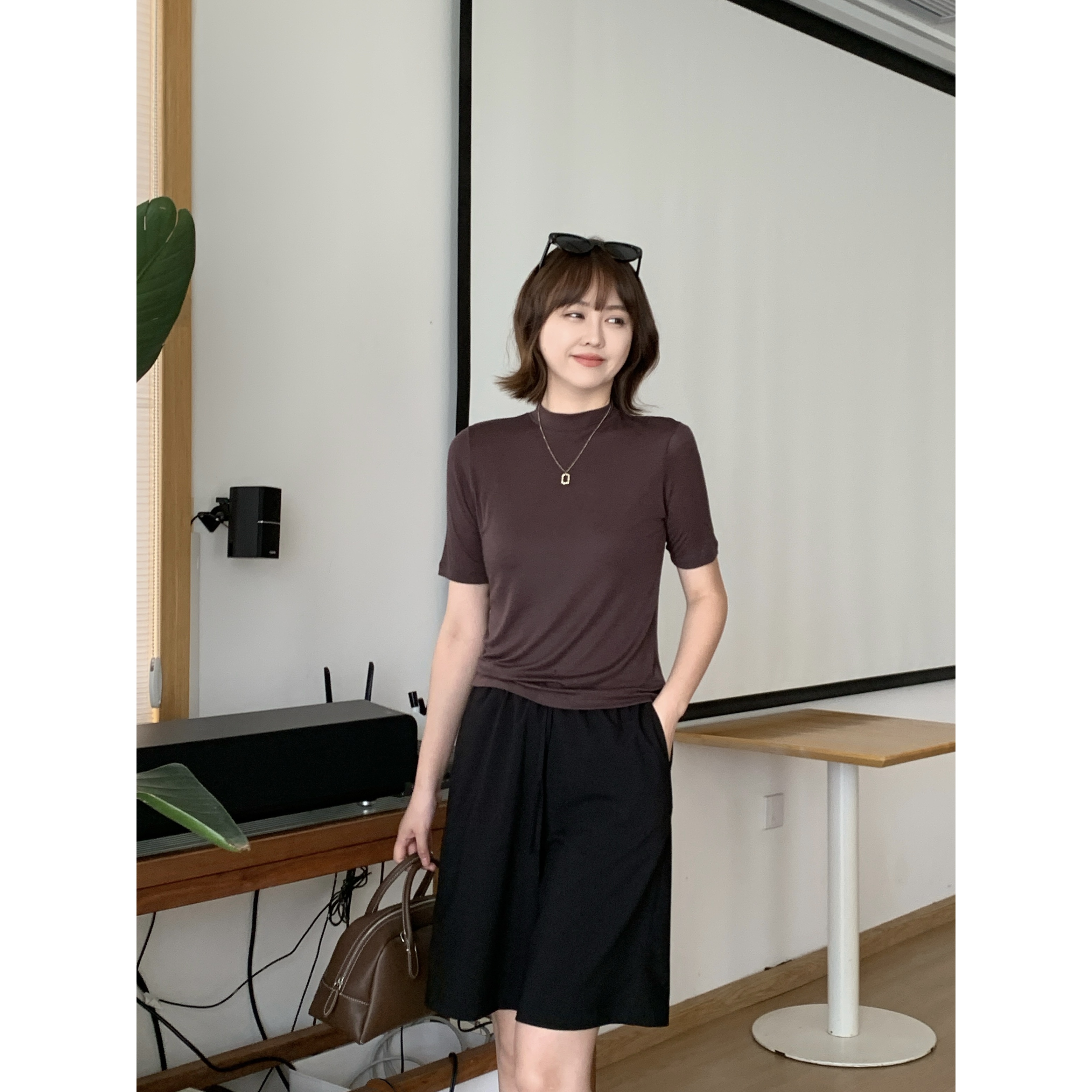 衣姐家【五分袖羊毛T】小立领3季百搭中袖打底衫HEN-3643