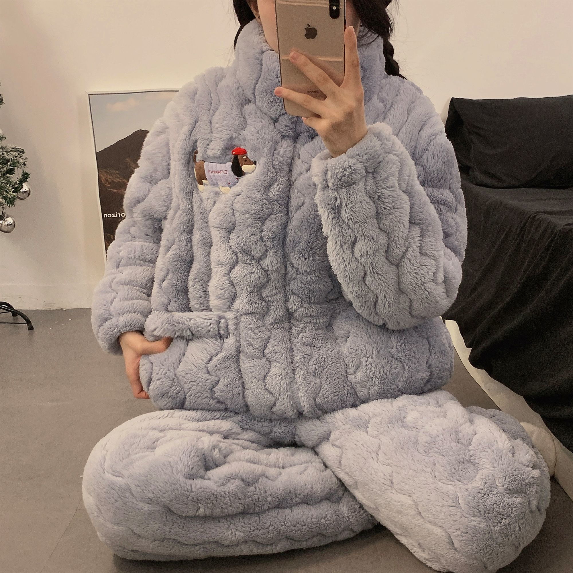 秋冬季新款腊肠狗睡衣女三层夹棉加绒加厚拉链立领冬天家居服套装