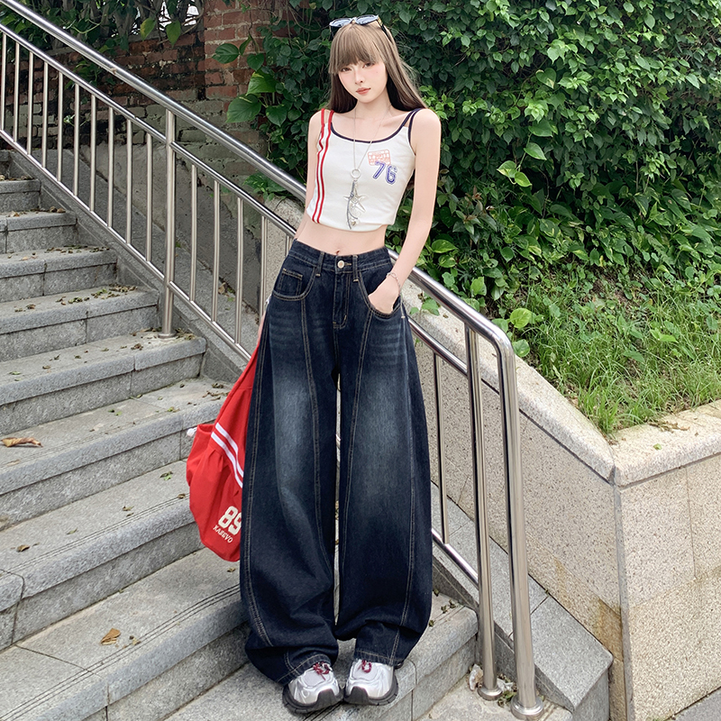 美式复古刺绣弯刀阔腿牛仔裤女新款高腰直筒宽松拖地裤显瘦显高