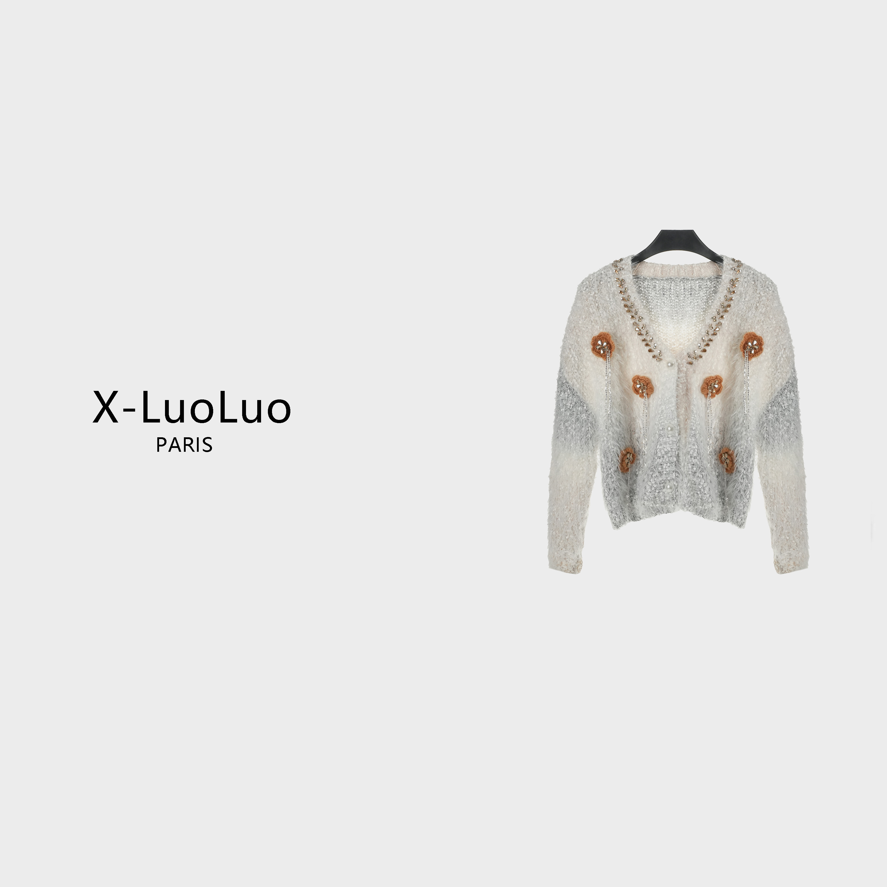 【X-LuoLuo洛洛】渐变色羊毛花朵针织开衫外套秋冬宽松加厚V领毛衣