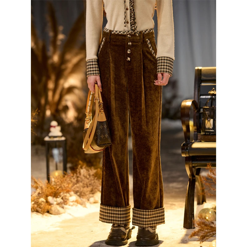 吞吞11月30号上新【中古格调 棕色】复古格纹拼接后腰松紧长裤秋冬