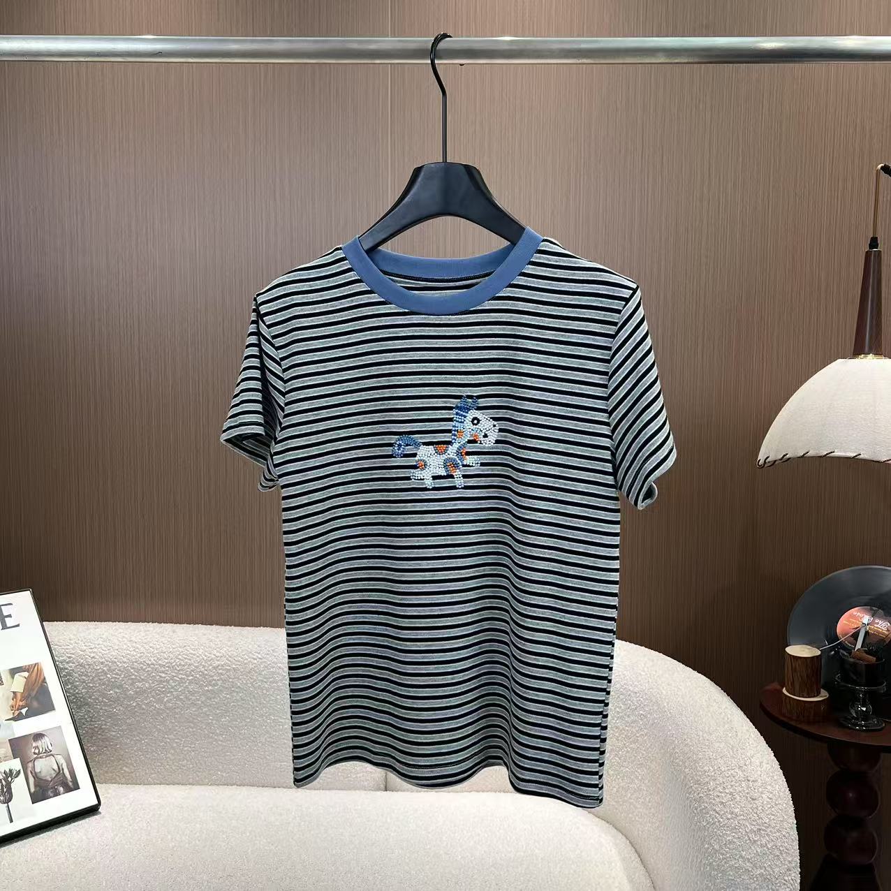 【条纹小马】夏新款小马点点刺绣圆领拼色条纹短袖T恤上衣29035-1