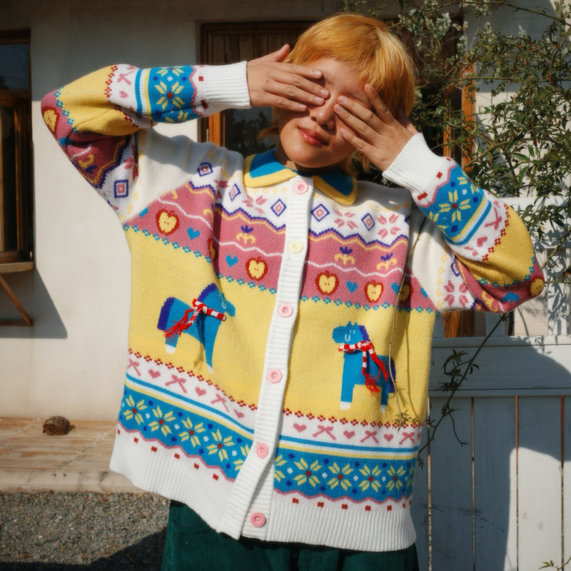 2025新款春秋马到成功生肖复古针织开衫女宽松甜美毛衣冬季外套