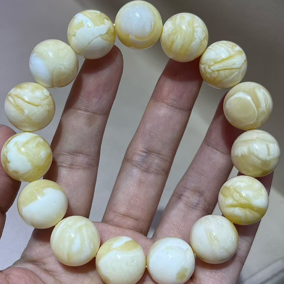 15浓白蜡妖花圆珠手串女款男士时尚国风经典黄色老型单圈白色轻奢