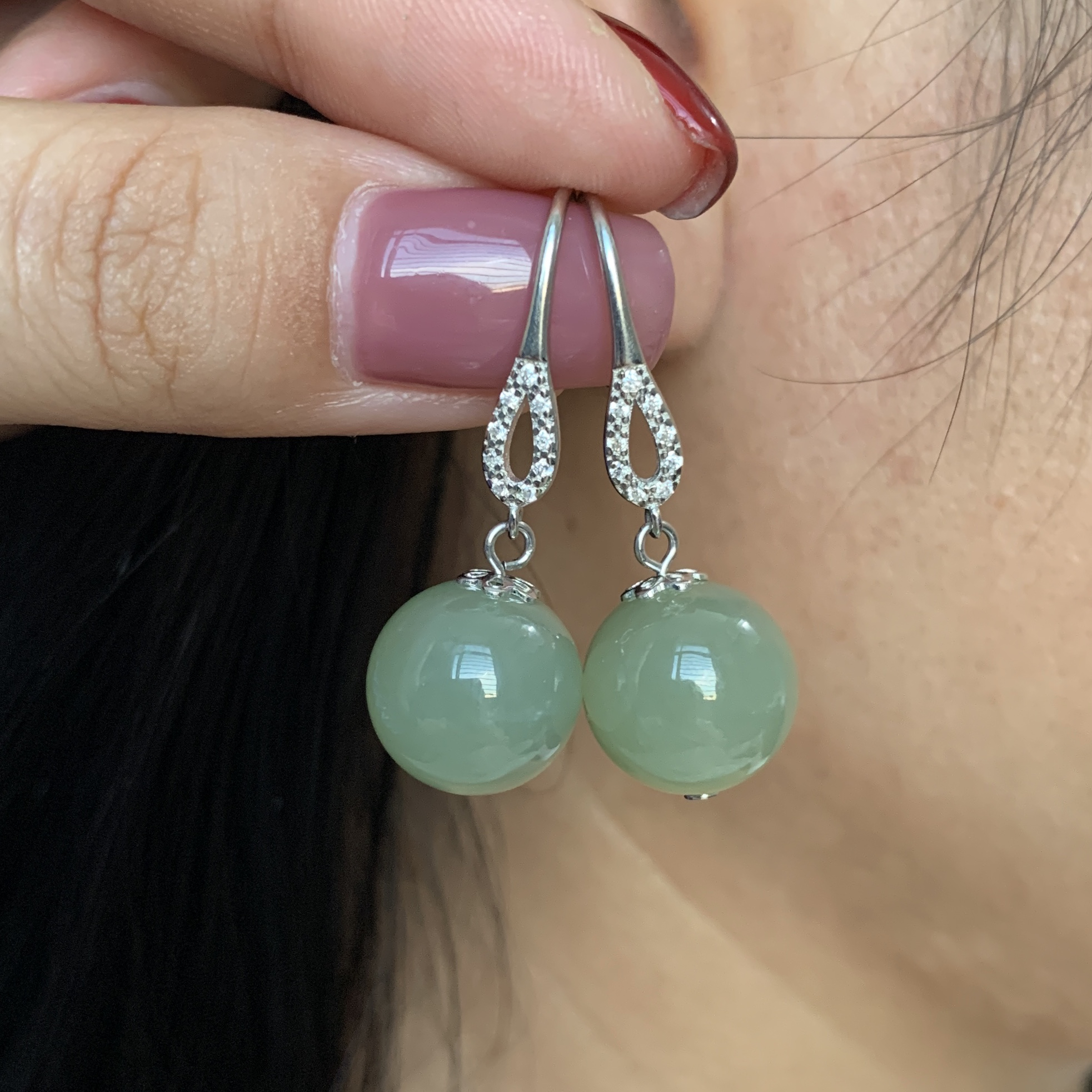 天然和田玉青玉12mm左右S925银镶嵌简单大气百搭耳环耳饰