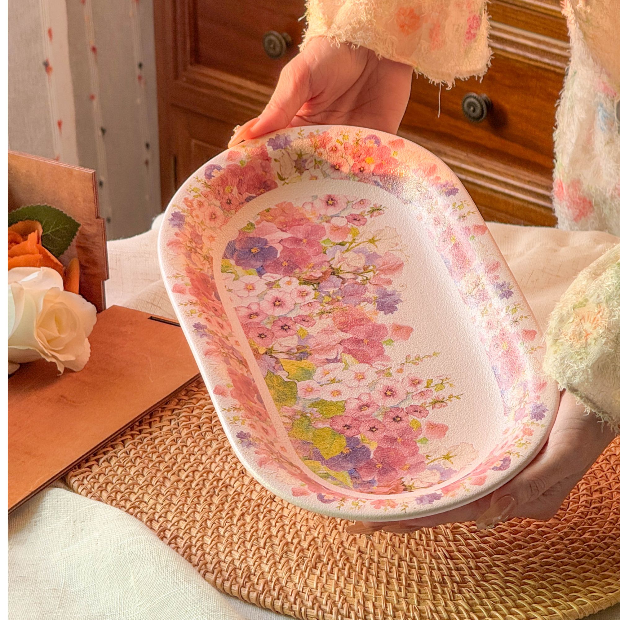 《华典》繁花似锦粉色—12英寸鱼盘海鲜盘小吃盘陶瓷盘子椭圆盘