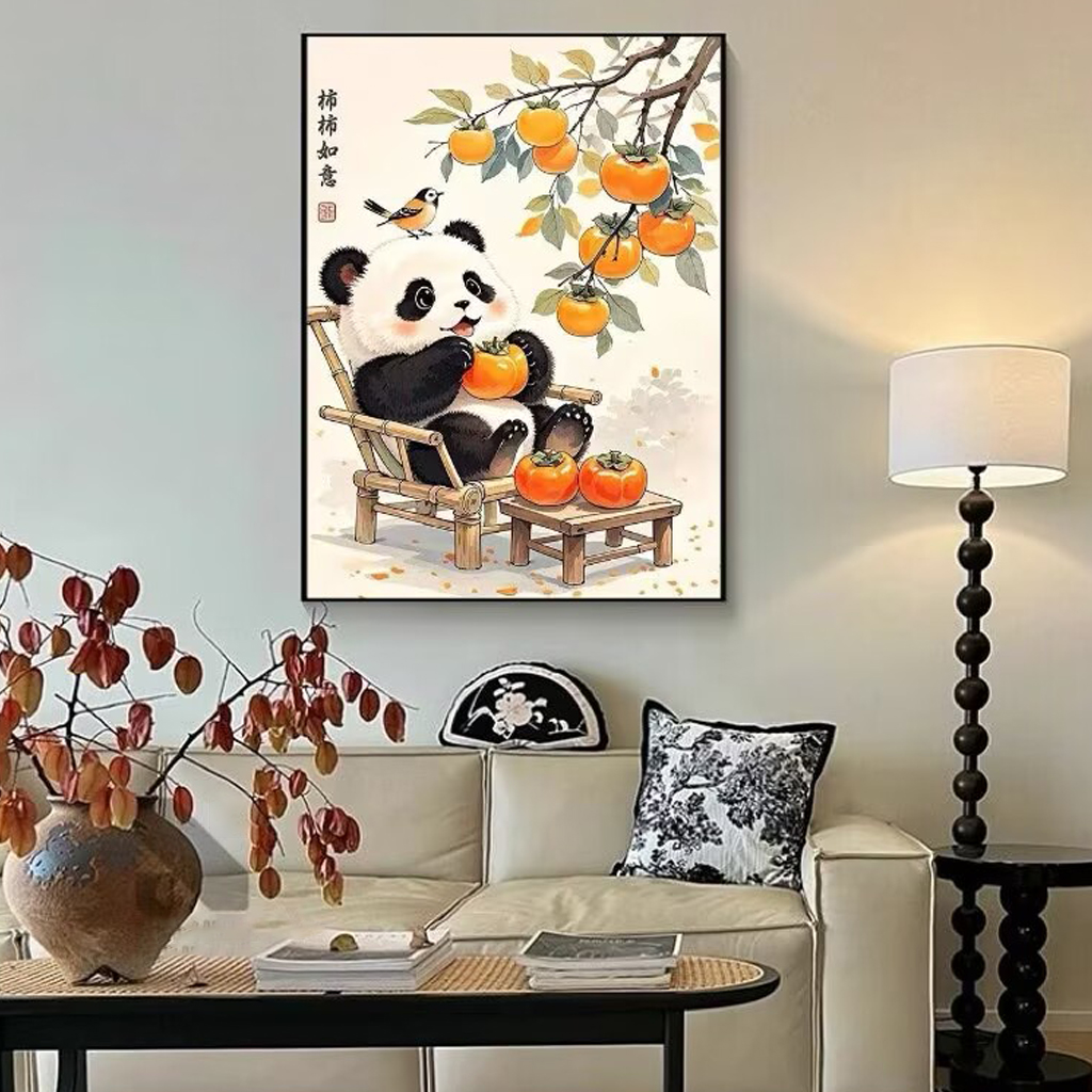 J12国潮柿柿如意卡通熊猫装饰画餐厅沙发背景墙挂画