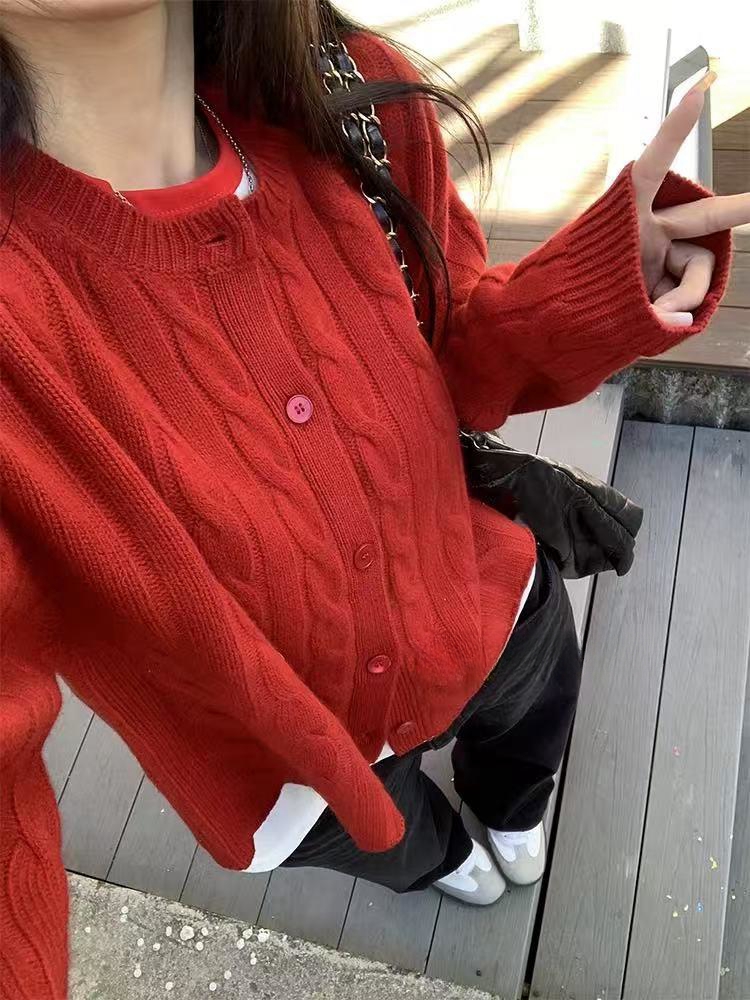 【LL】M家新款红色麻花毛衣开衫外套