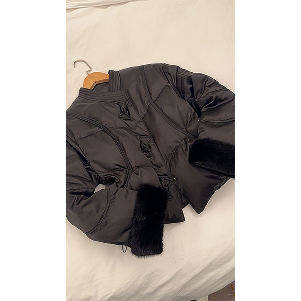 冬款袖口拼可脱卸水貂下摆抽绳鹅绒服