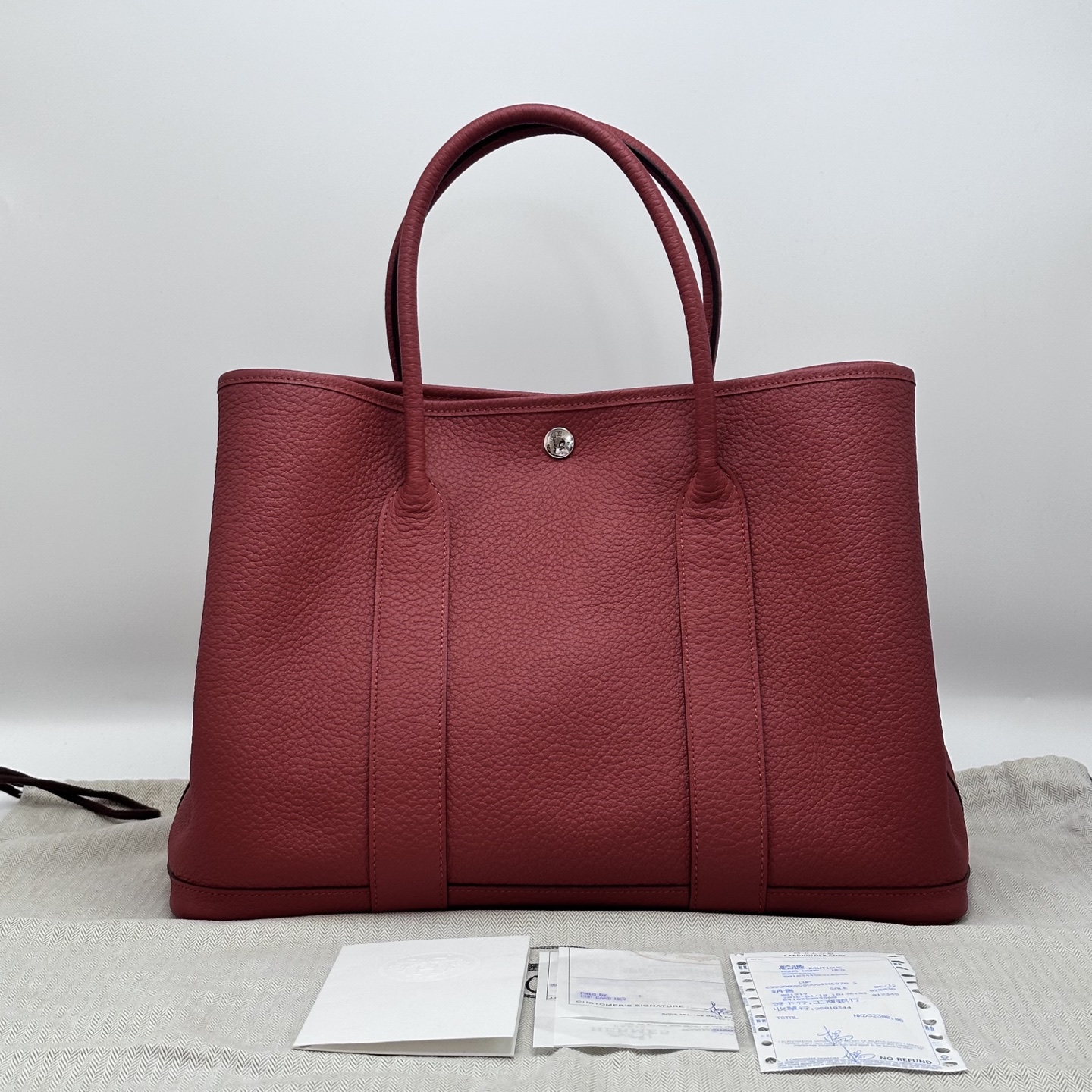 95新 Hermes/爱马仕 朱砂红银扣丝巾内里花园36手提包 03370