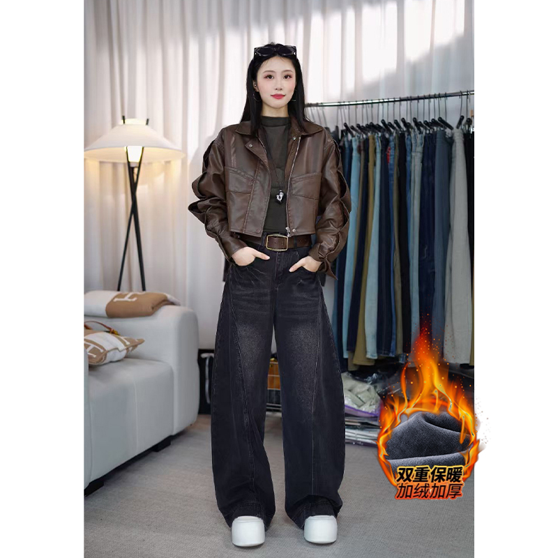 【宁宁专属】黑灰潮酷弯刀牛仔裤女2025冬季高腰宽松显瘦痞帅阔腿裤