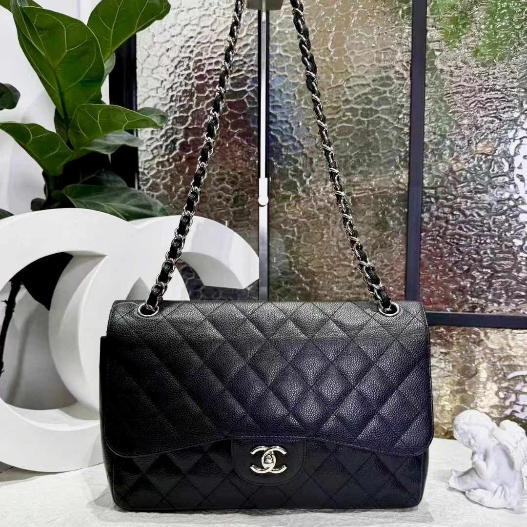 95新 Chanel/香奈儿 Chanel黑银单盖荔枝纹jumbo 22020035-01