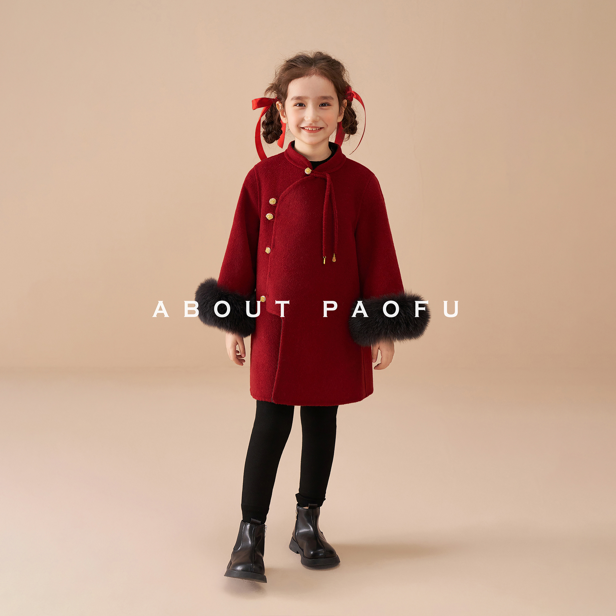 泡芙定制 双面双穿女童红色纯手工绵羊毛毛呢大衣 DY241142