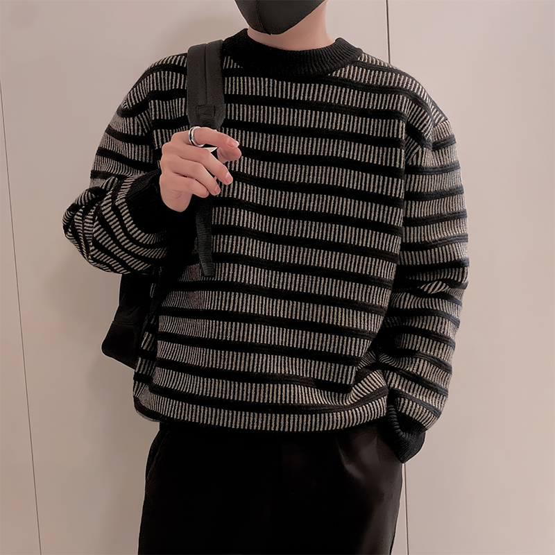 条纹男士毛衣秋冬季加厚痞帅百搭圆领打底衫潮流休闲上衣轻奢男装