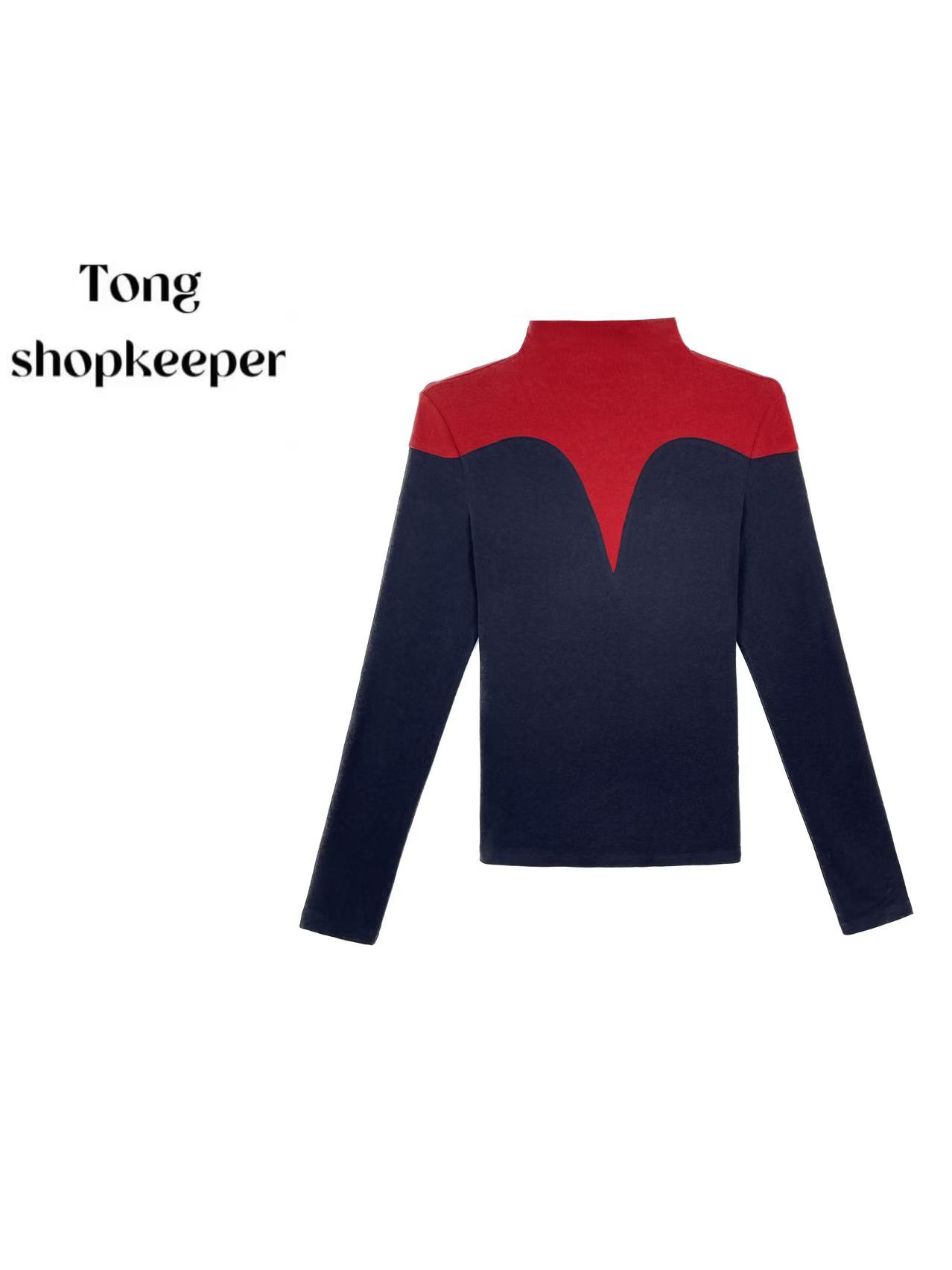 QJ/彤掌柜1682949 冬款绵羊毛撞色秀款不规则拼接小众显瘦上衣