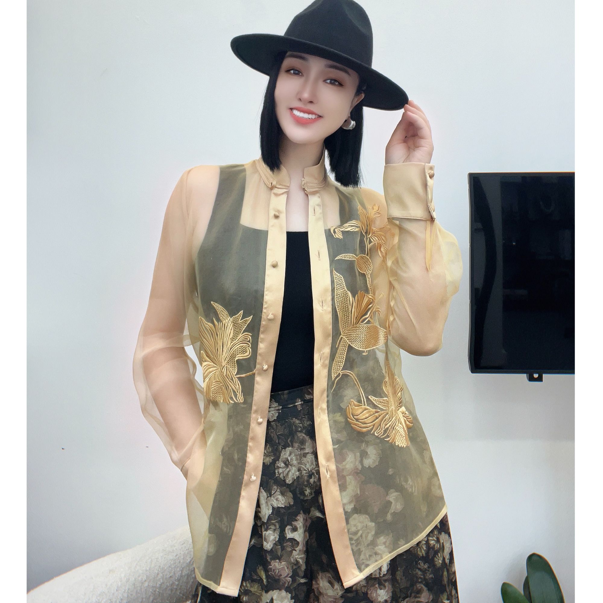 翡德莉丝【香水百合】冰心推荐新中式桑蚕丝欧根纱刺绣盘扣衬衫