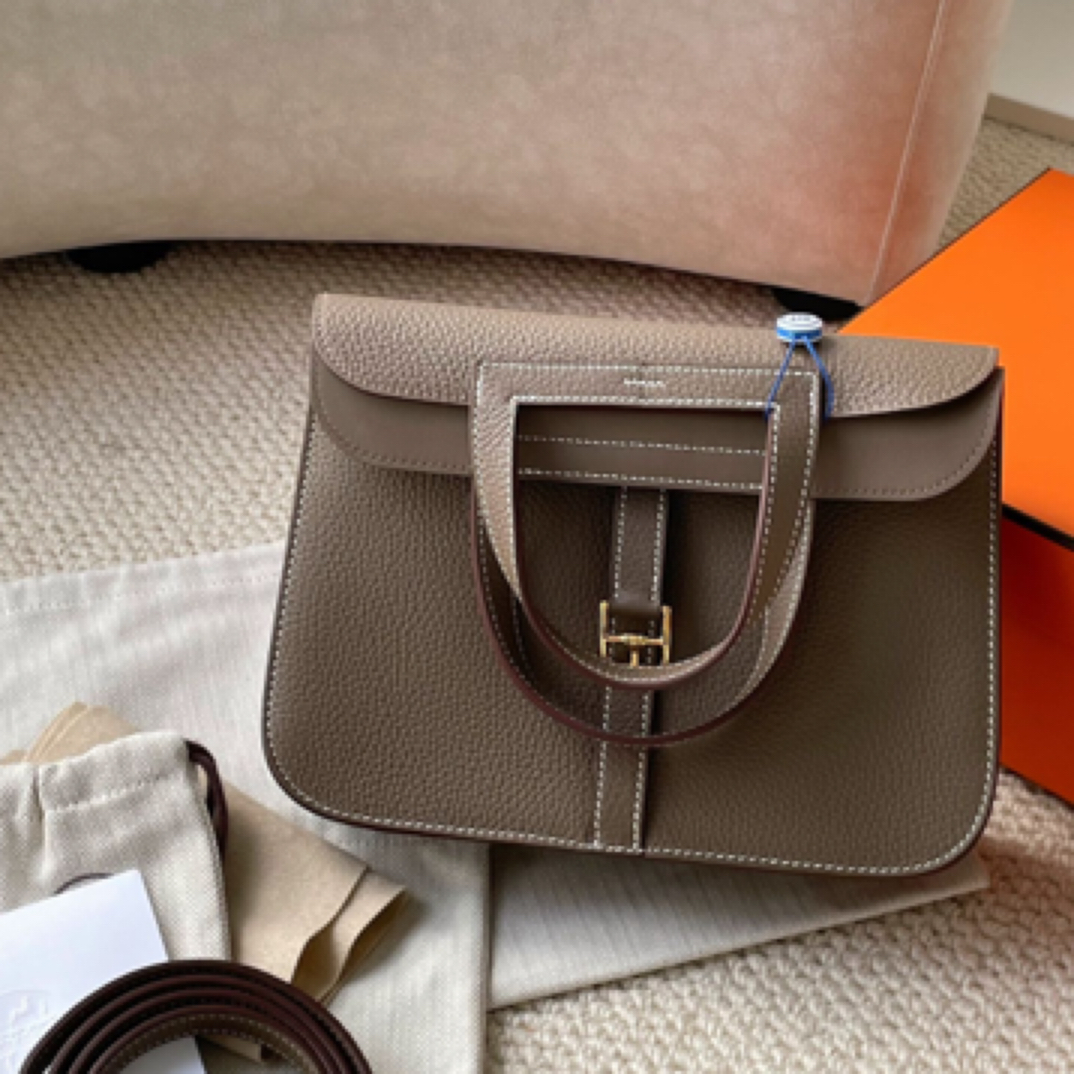 99新 Hermes/爱马仕 halzan 25 大象灰金扣手提包B刻 B8658