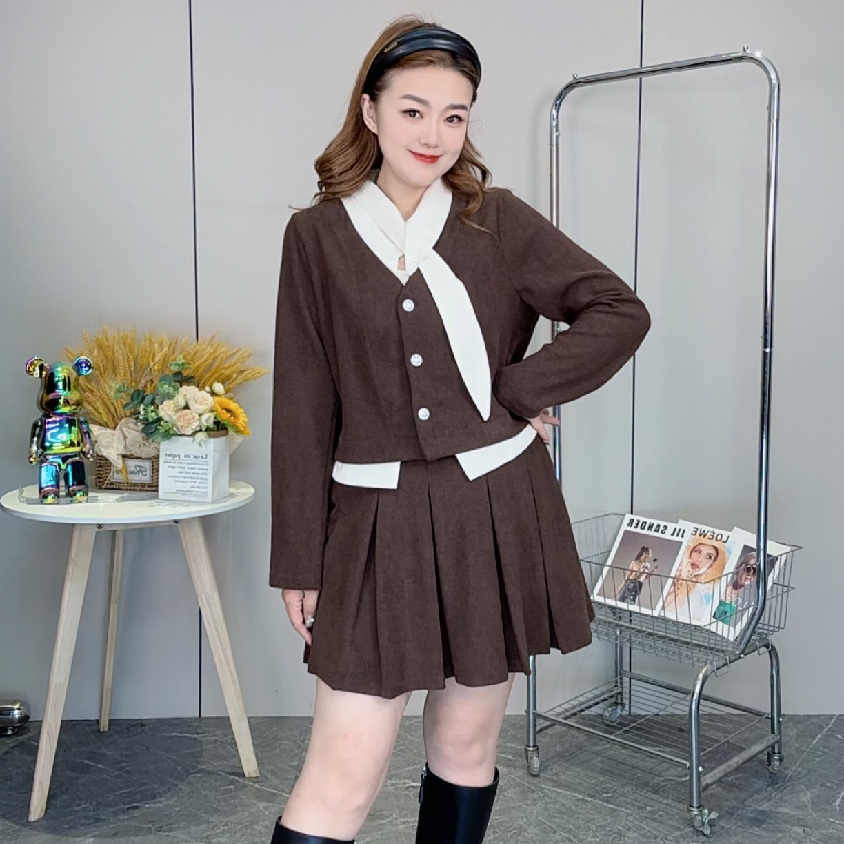 2025秋季胖mm新款韩版时尚气质百搭假两件上衣+半身裙两件套3072