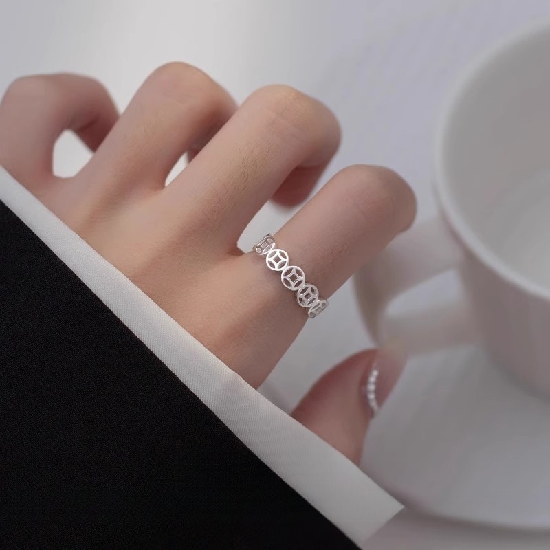 999纯银钱币戒指女小众轻奢设计感素圈开口食指环送女友