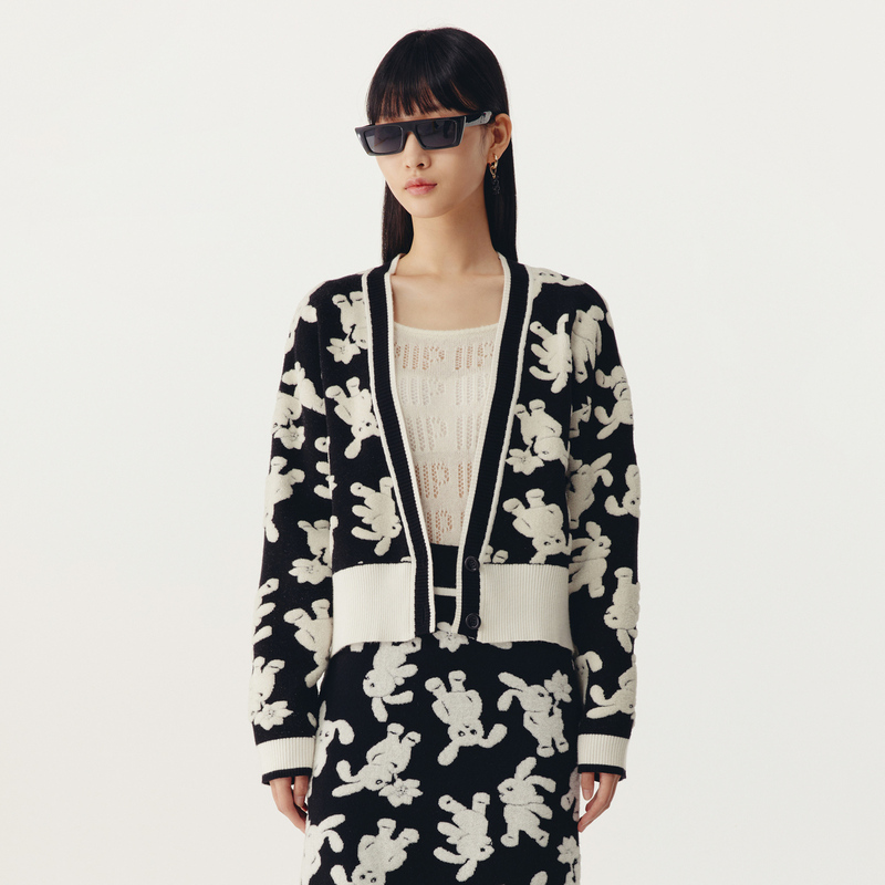 HPLY荷比俪春季新款女复古黑白提花深V门襟针织衫HYD11650223-1