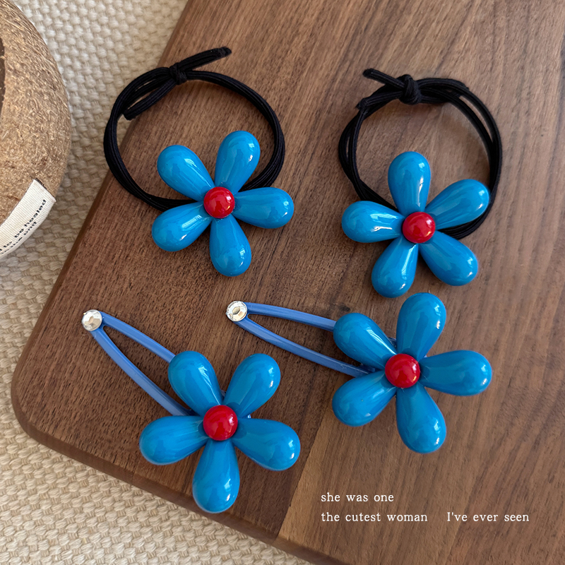 韩系蓝色小花朵发夹头饰女可爱侧边刘海鸭嘴夹高弹力耐用发绳头绳