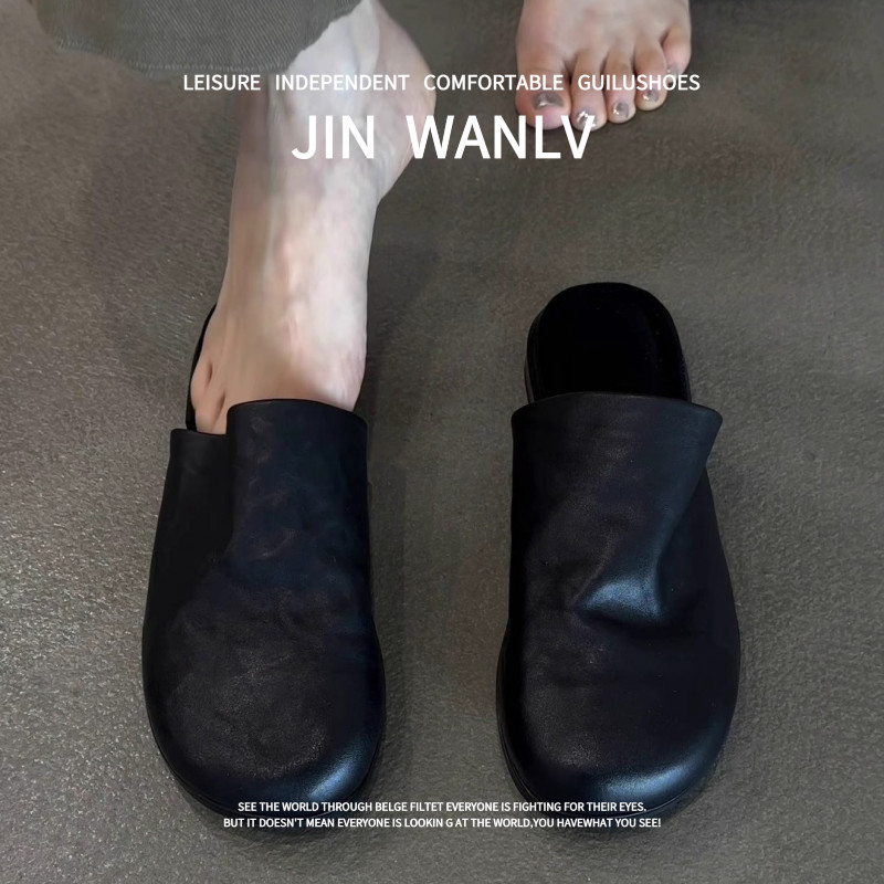软羊皮~一脚蹬懒人真皮包头凉拖女夏黑色通勤百搭外穿穆勒半拖鞋