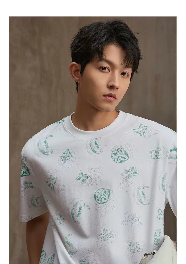 索拉纳凉感！窗花满印短袖T恤2025春夏新圆领弹力透气短t男