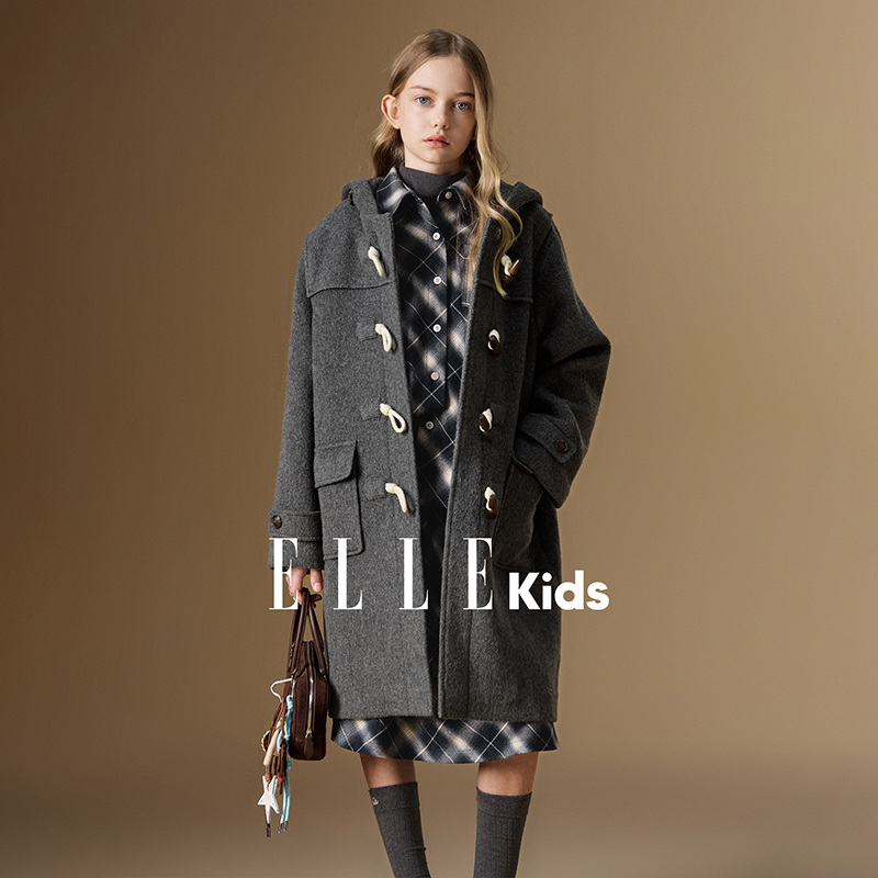 ELLE KIDS童装牛角扣学院风毛呢大衣女童冬新款法式中长款外套N1