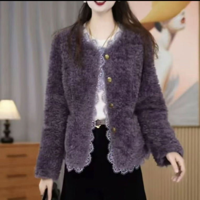 新款小香风蕾丝边长毛绒外套女秋冬新款法式甜美百搭保暖毛上衣