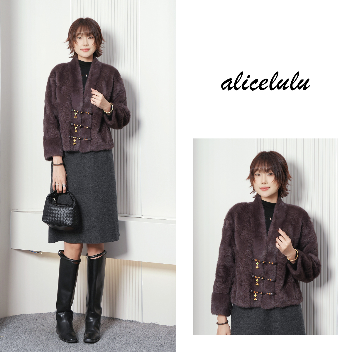 alicelulu 暖绒盘扣.新中式短款复古外套绒毛一体S2145727Tr