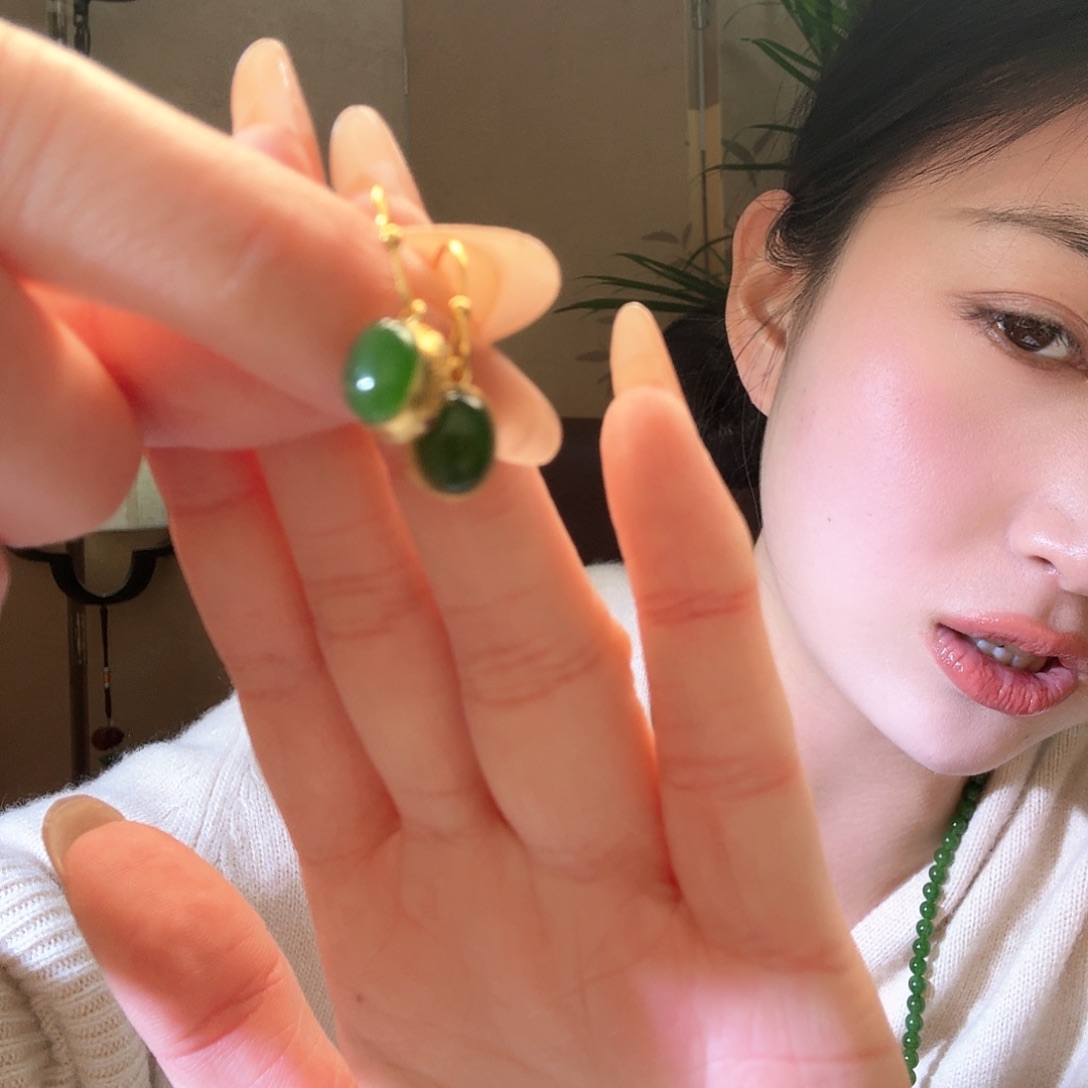 和田玉耳饰银S925镶嵌