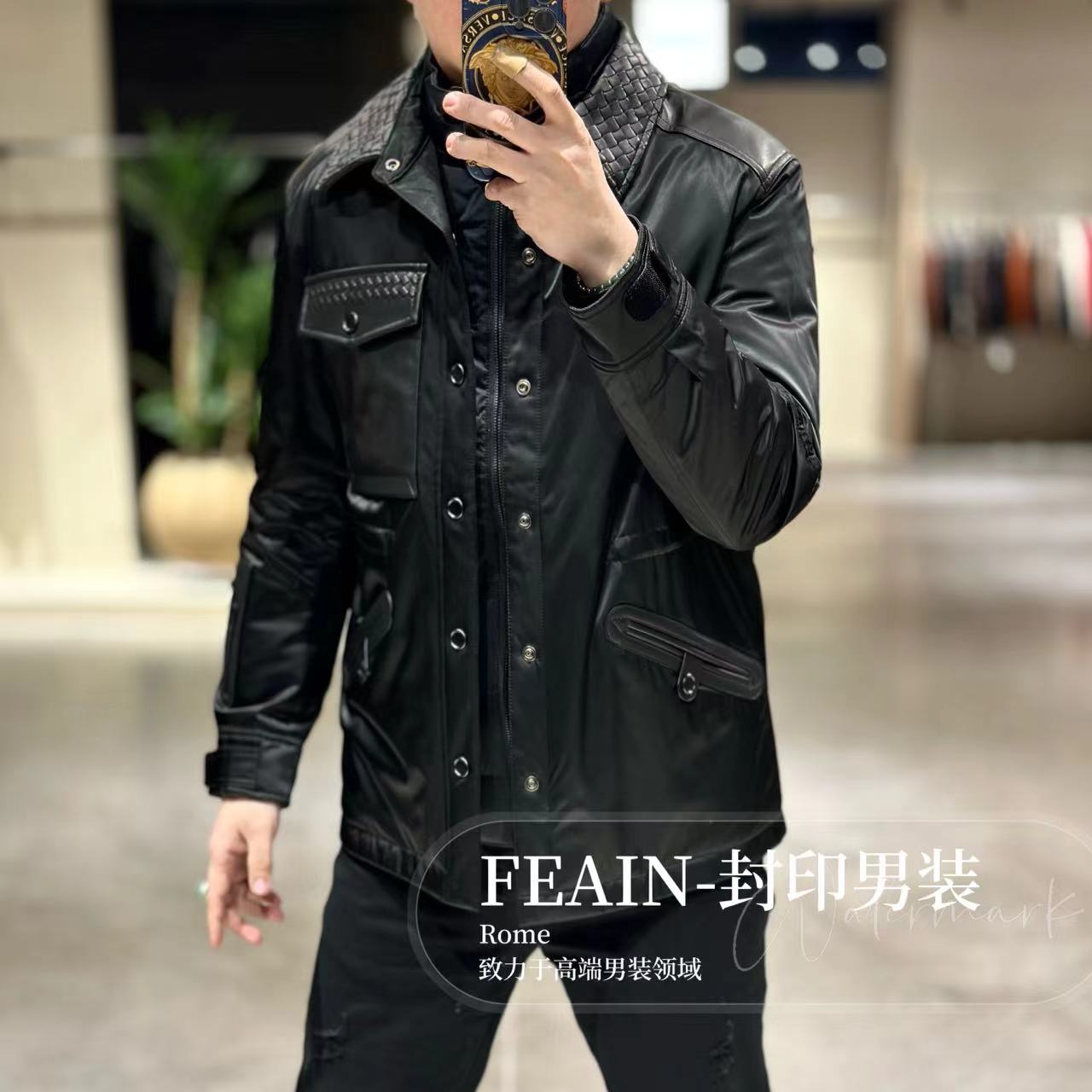 【真皮编织】高端定制假两件可拆卸真皮手工编织男士羽绒服6608