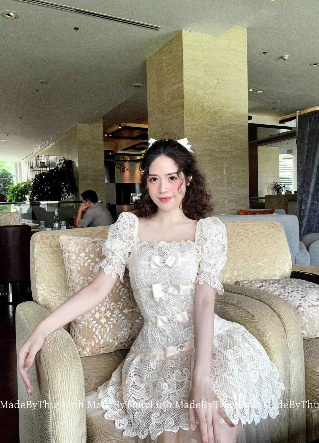 越南小众品牌甜美小清新法式复古宫廷风蝴蝶结蕾丝连衣裙女A111