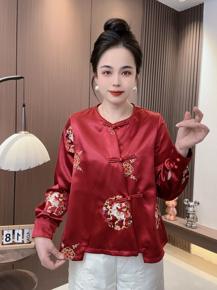 2026中国风新中式重工刺绣圆领斜襟长袖上衣新年款6225