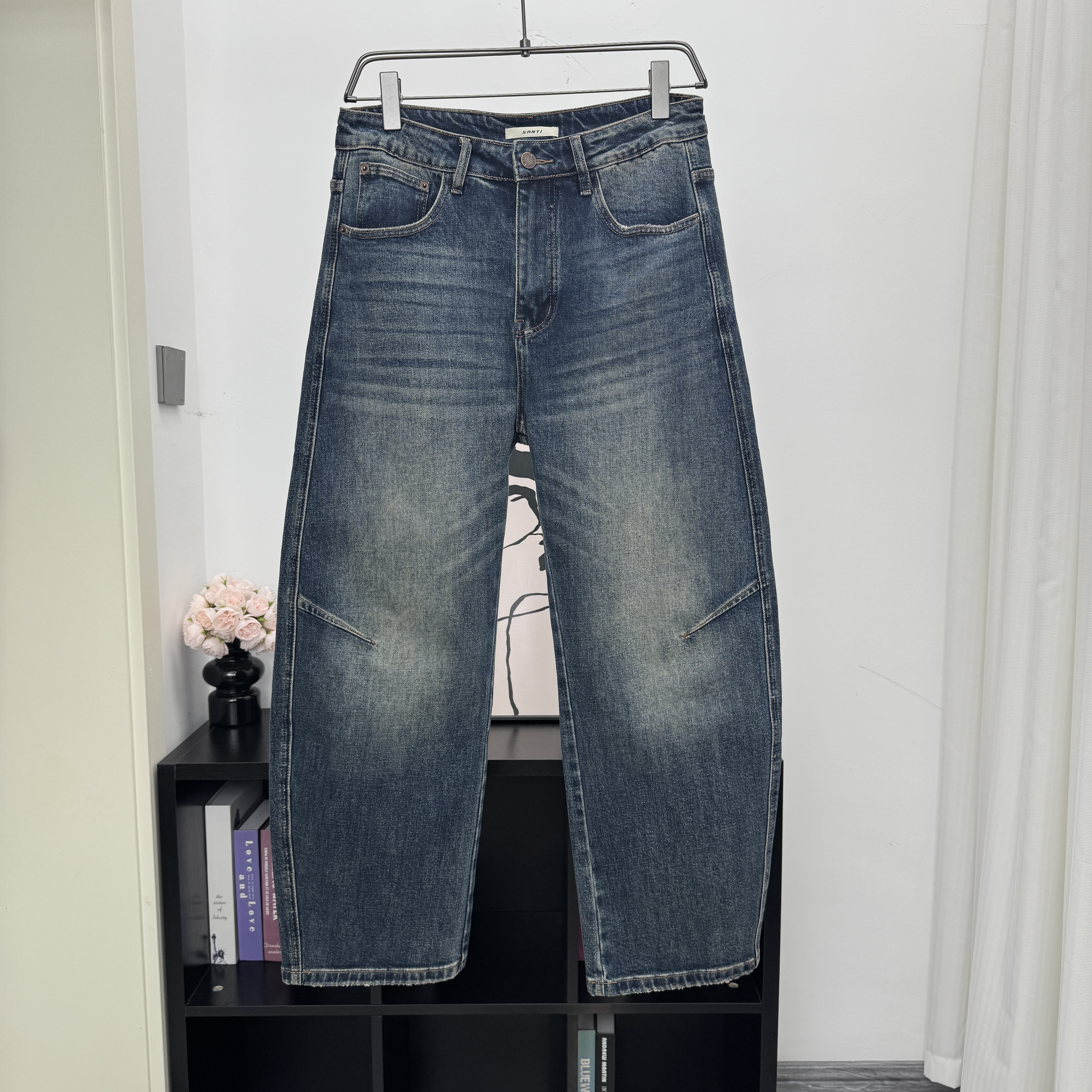 秋冬弹力柔软宽松弯刀裤男设计感秋季中腰水洗百搭男士牛仔7317F