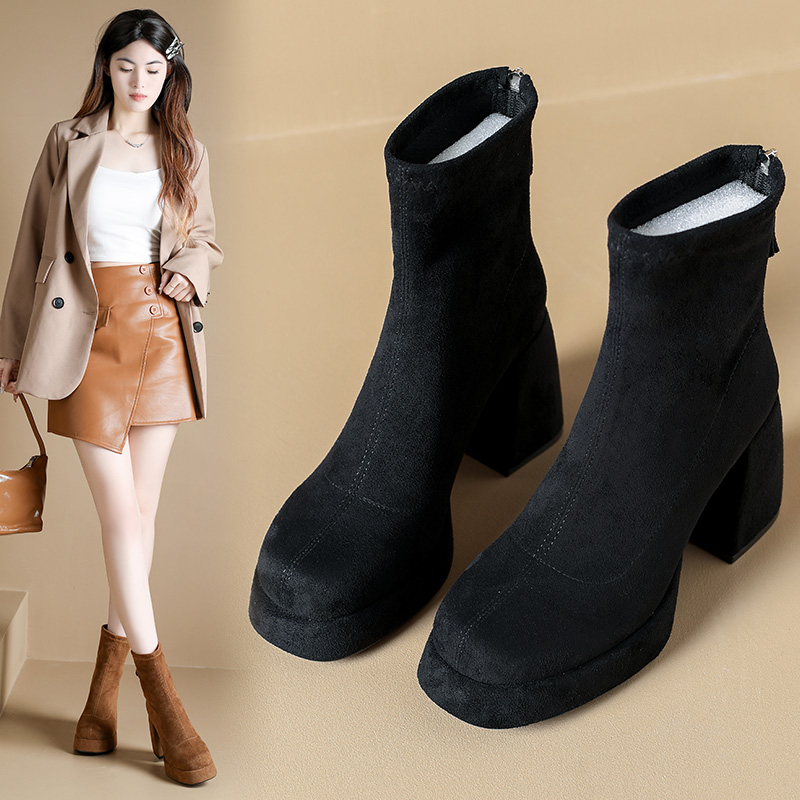 【品牌】法式方头瘦瘦靴女2025新款显瘦百搭防水台粗跟短靴88